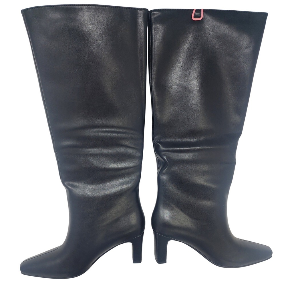 Wetkiss Black Leather Knee High Boots Square Toe Block‎ Heel Womens Size 8 NEW